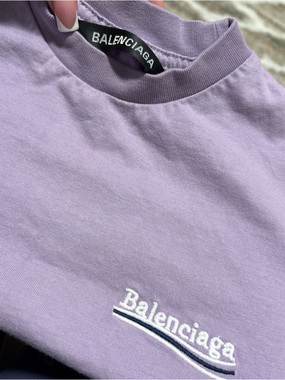 Balenciaga Lilac Embroidered Logo Tee with Navy Accent